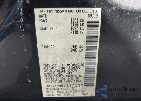 2020 Nissan Altima Sl Fwd z USA, uszkodzony, nr VIN 1N4BL4EV6LC157150